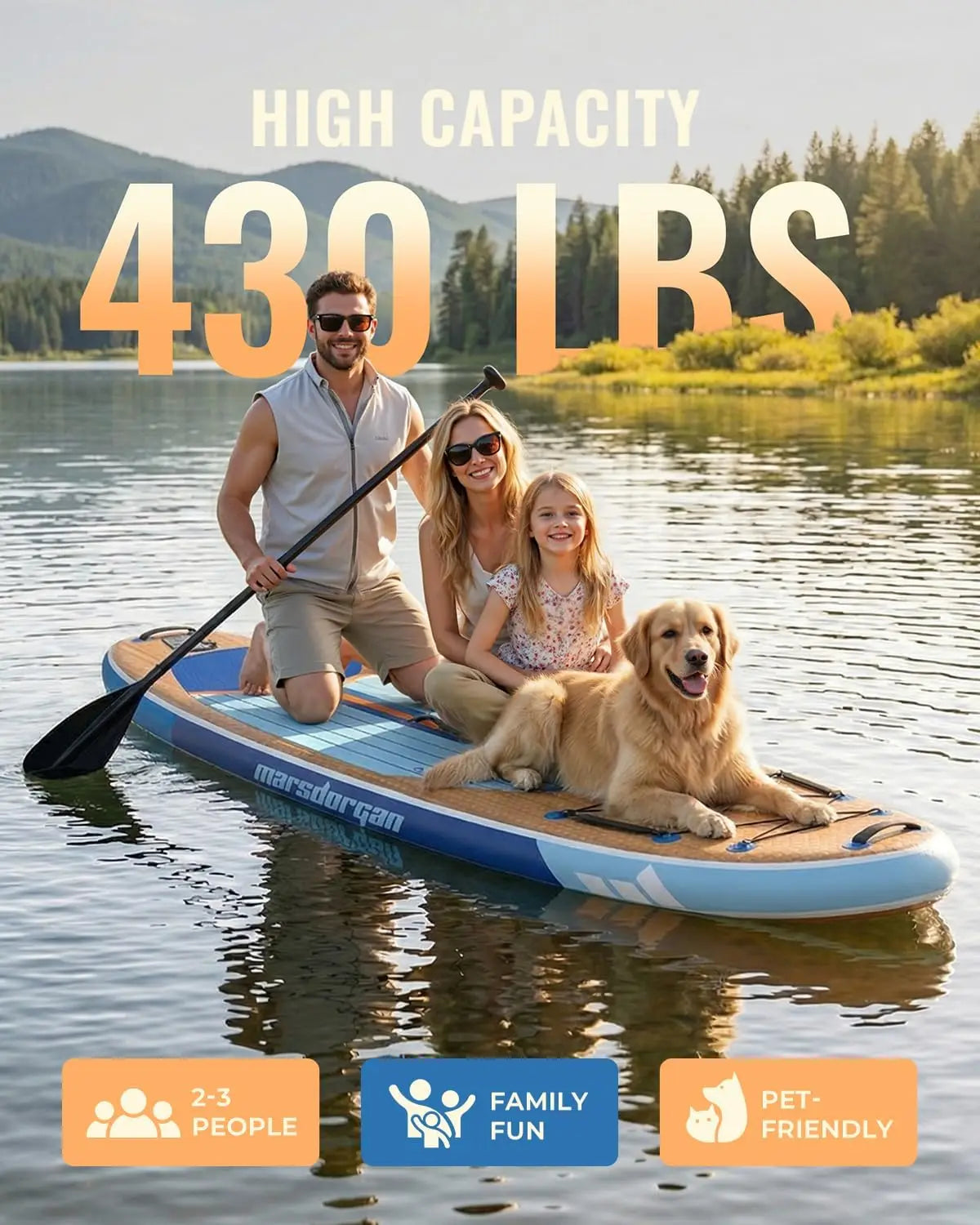 11-Foot by 34-Inch Inflatable Stand Up Paddle Board for Adults and Youth, Extra Wide with Non-Slip Deck and Removable Seat, Stable for 2-3 People, Perfect for Family Water Sports, Includes Premium Accessories