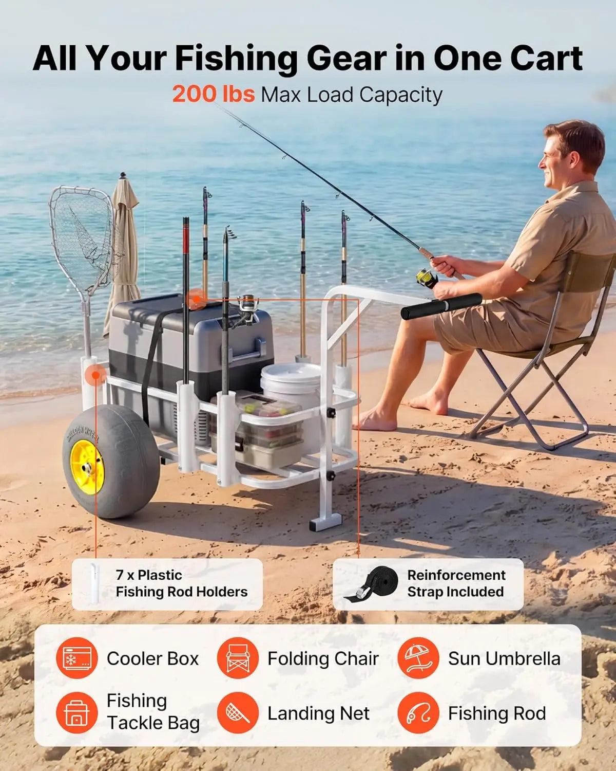 Beach Fishing Cart 200LBS Load Carbon Steel Frame 13in All-Terrain PU Tires 7 Rod Holders Camping Picnic