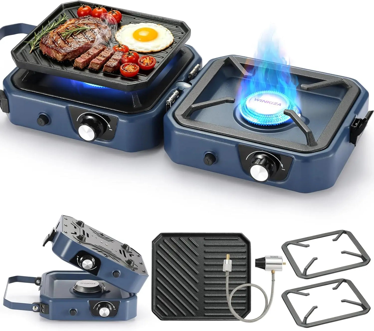 Portable 2 Burner Propane Camping Stove with Griddle, 24000BTU, Folding, Stainless Steel