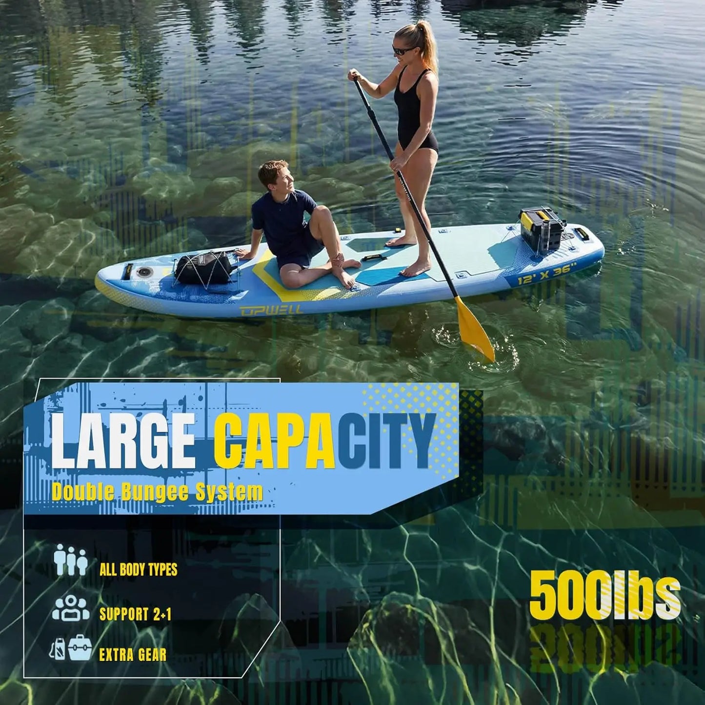 12ft x 36in Wide Inflatable Stand-Up Paddle Board for Adults & Teens, 2+1 Person SUP with Premium Add-Ons: 125L Backpack, Paddle, Leash, Hand Pump, Fins