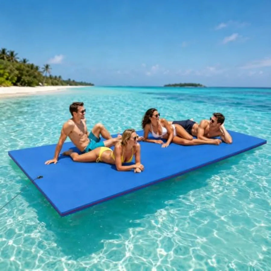 Pool Party Floating Water Mat For Lake Beach Ocean Recreation Heavy-Duty 3-Layer XPE Foam In Blue Extra Large 12 X 5.5 Ft Capac