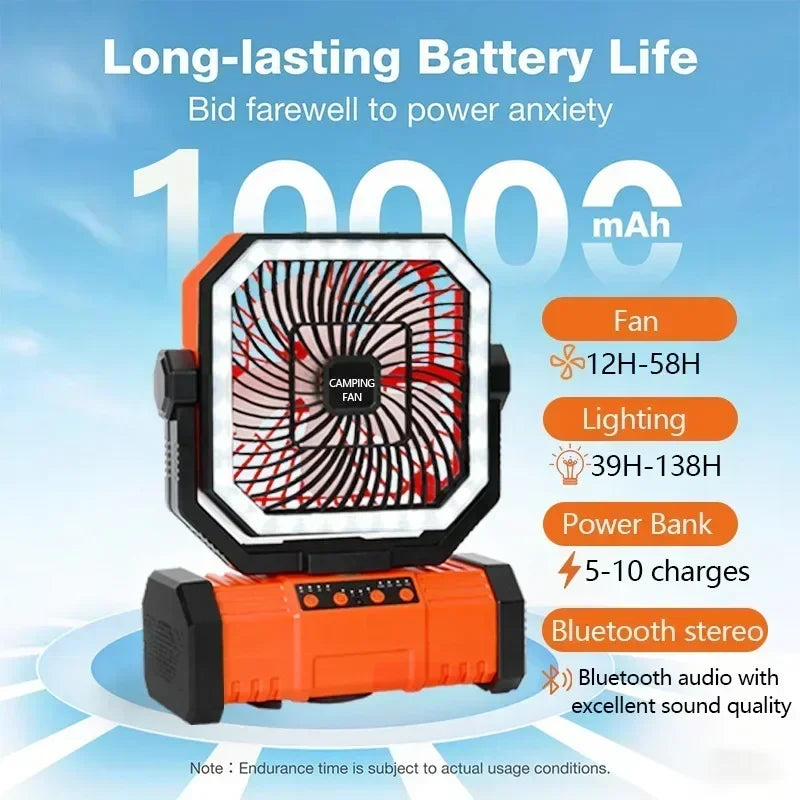 2025New Outdoor Camping Fan with Bluetooth Speaker Outdoor Ventilador Cool Air Portable Fan with Hook for Fishing and Picnicking