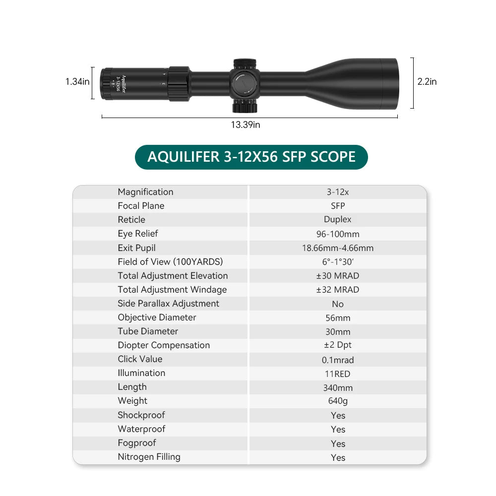 Aquilifer 3-12x56 Hunting Scope ED Glass Fully Multi Coated Shockproof Fogproof Waterproof for Outdoor