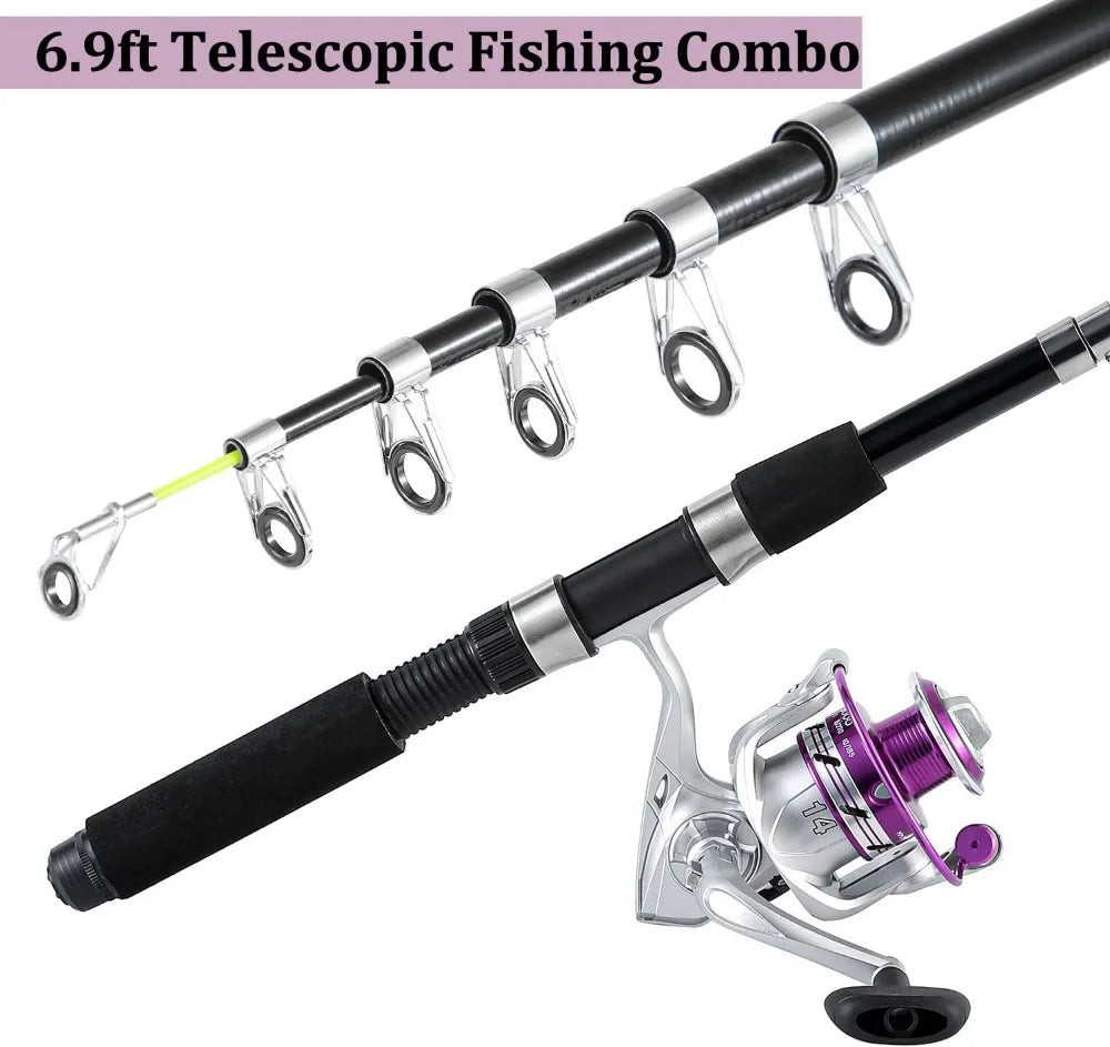 6.9ft Telescopic Fishing Rod & Reel Combo Set, 2Pcs Carbon Fiber Poles with Spinning Reels, Travel Fishing Kit with Tackle Box