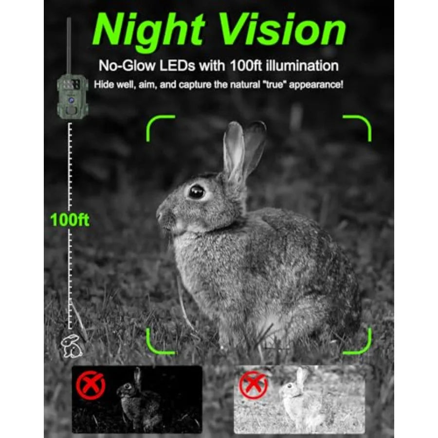 Wildlife monitoring trail camera for hunting: 4G cellular, 4K 48MP wide-angle 120 lens, black, solar-powered with IP68 waterpro