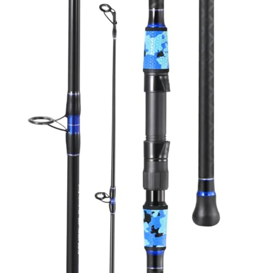 Surf fishing rod for travel use, carbon fiber material, black color, 4-piece portable design with MH/H power and 10'/11'/12'/15