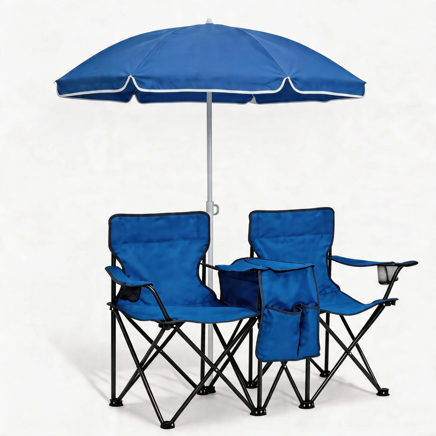 Portable Folding 2-Person Beach Chair Set with Tilt Umbrella and Insulated Cooler for Camping Picnic