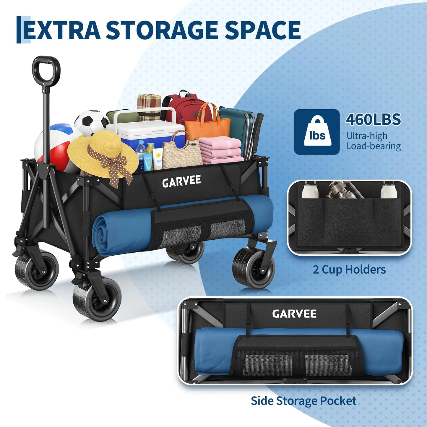 Heavy Duty Foldable Wagon Cart 460lbs 280L With Wide All-Terrain Wheels, Brakes, Cover & Strap For Shopping Camping