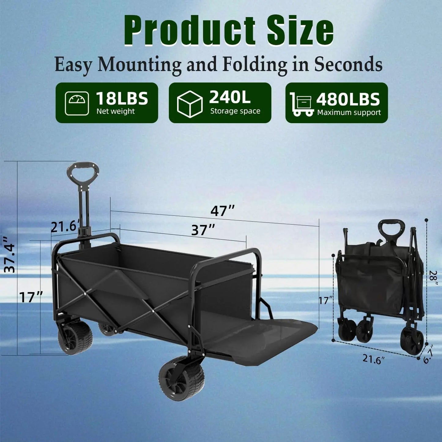 Heavy Duty Collapsible Wagon, 240L 480lbs, Foldable Beach Cart with Brake Wheels, Garden & Grocery Utility Cart