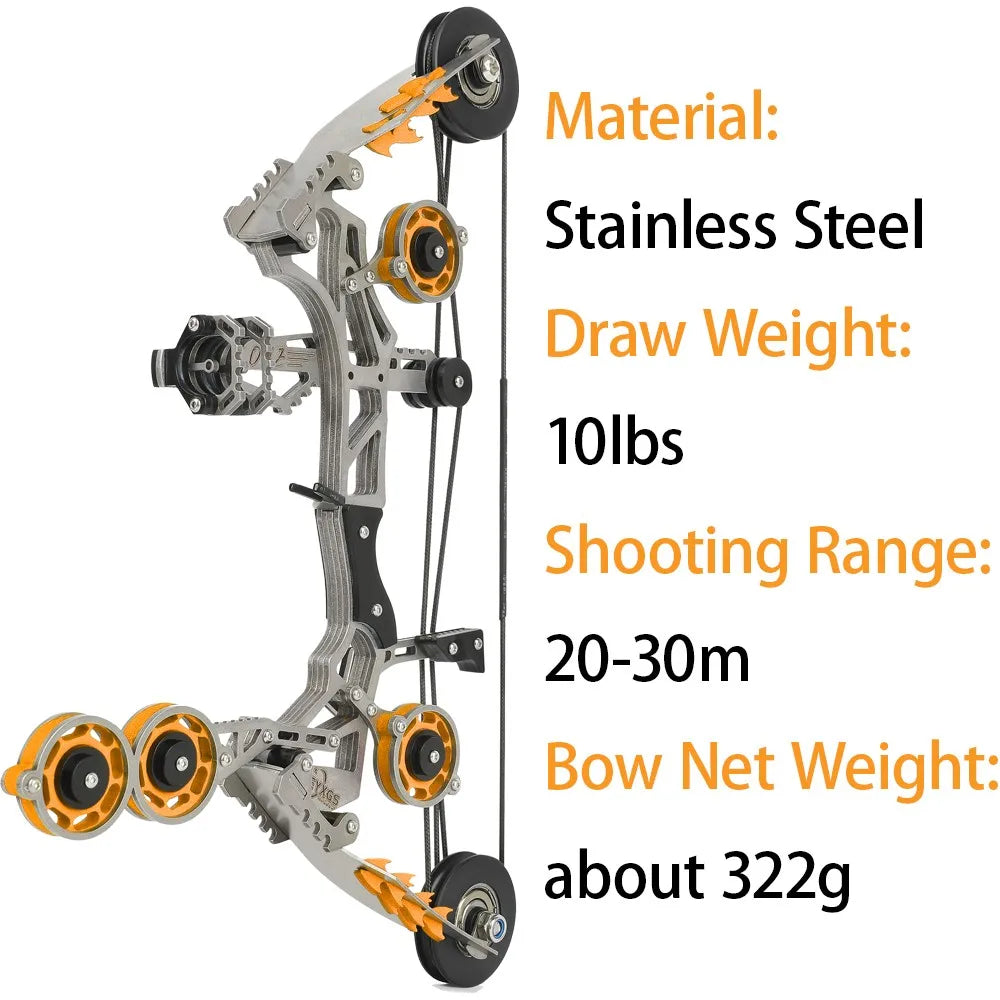 Mini Compound Bow 11-inch 10lbs Stainless Steel Pocket Bow with 4/8pcs Arrows Compact Portable Design for Sports Shooting Entertainment Gift Beginner Target Practice Indoor Outdoor Archery Accessories