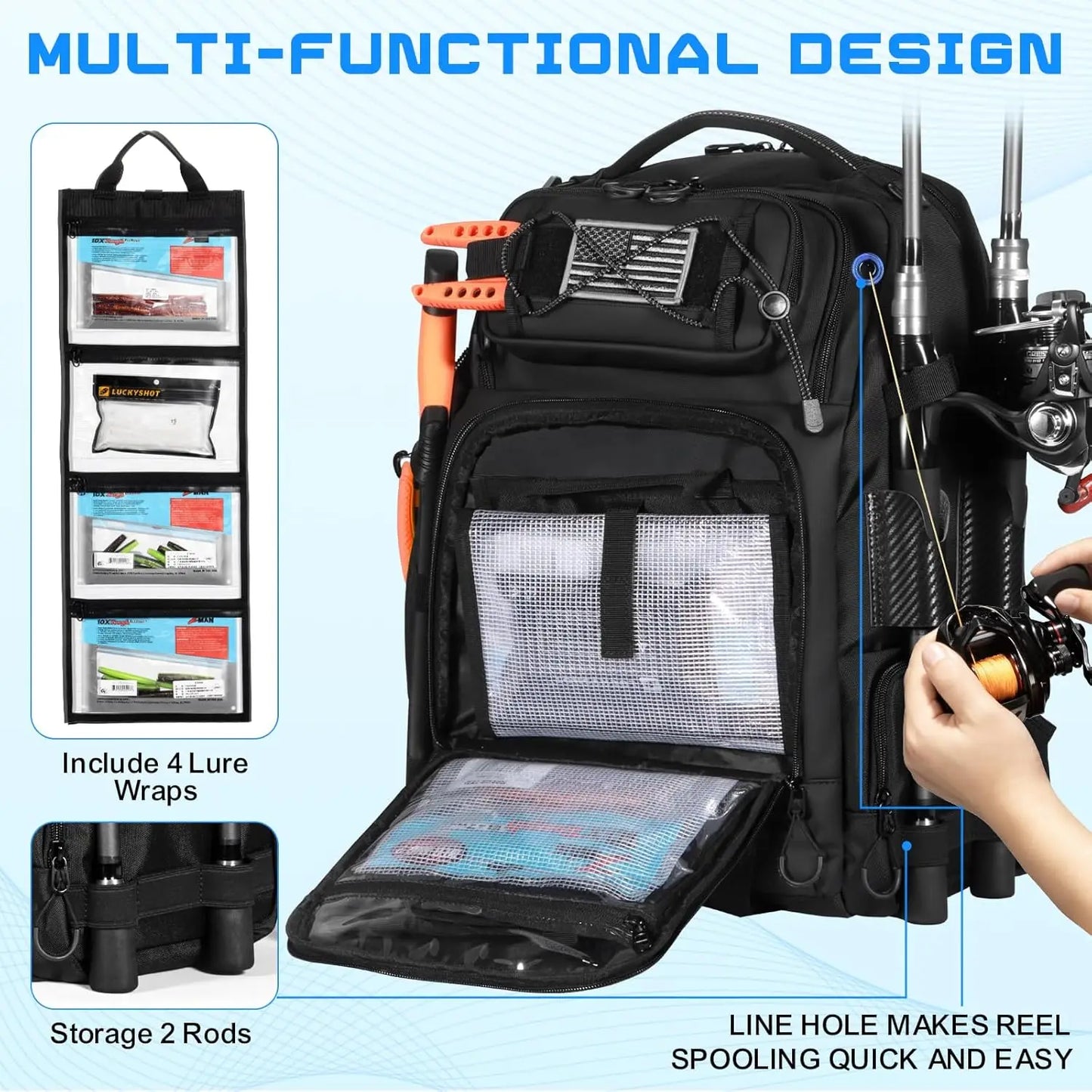 50L Fishing Tackle Backpack with Removable Lure Wraps,Include (4) 3600 Tackle Boxes, 2 Rod Holders