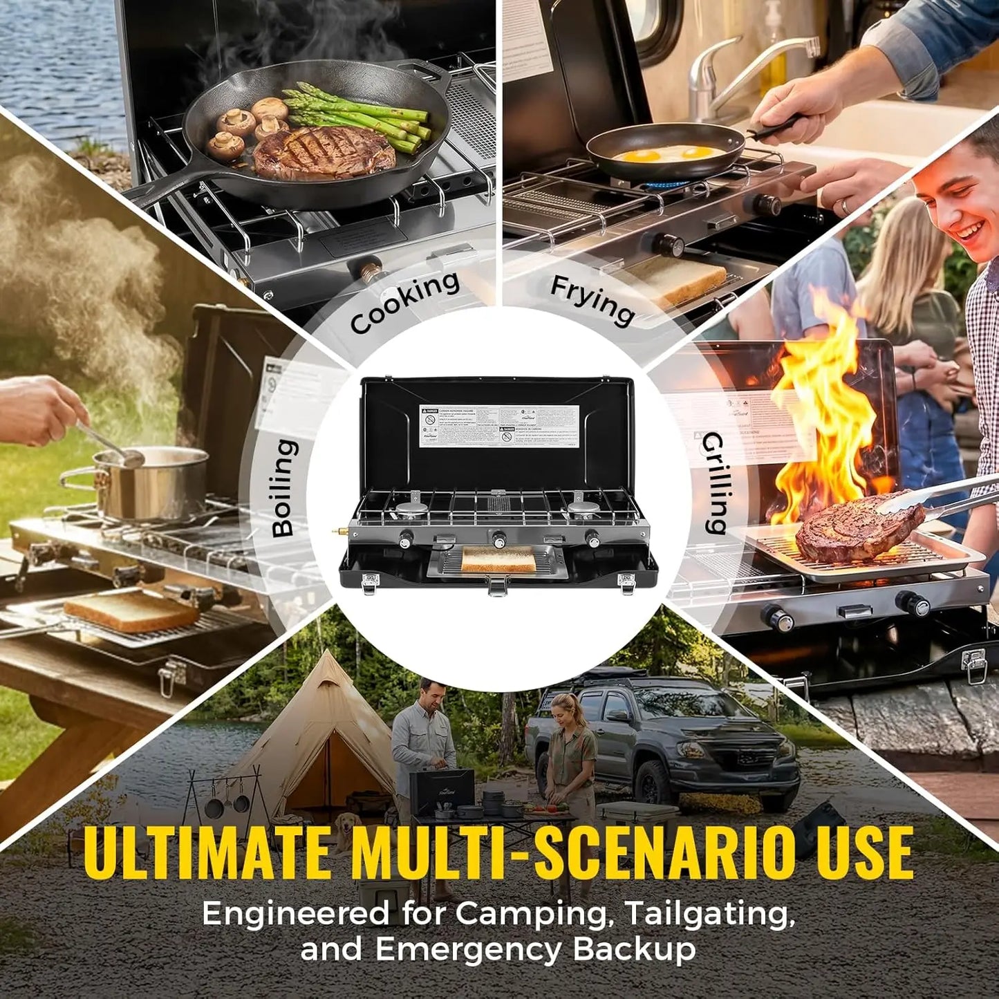 3-Burner Propane Camping Stove, 20400 BTUs, Portable with Push-Button Ignition & Wind Guards for Outdoor Cooking
