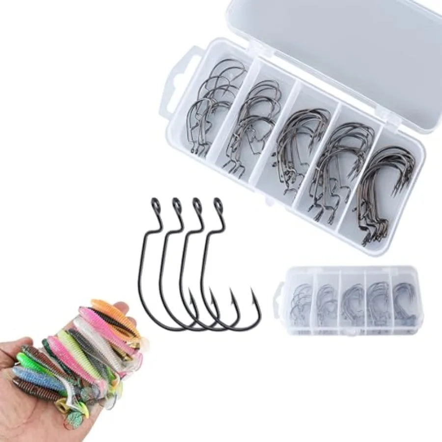 Freshwater saltwater fishing: high carbon steel offset worm hooks with 4.5cm screw T-tail soft bait, black color, reusable plas