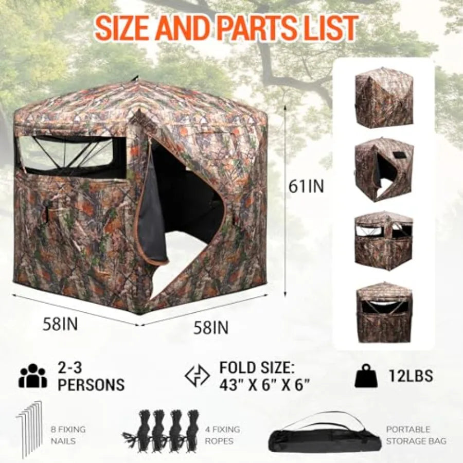 Hunting Blind/ Ground Blind 2/3 Person Soft Material Pop-Up Camouflage Tent Easy-Fold Portable Concealed Shelter with Carrying