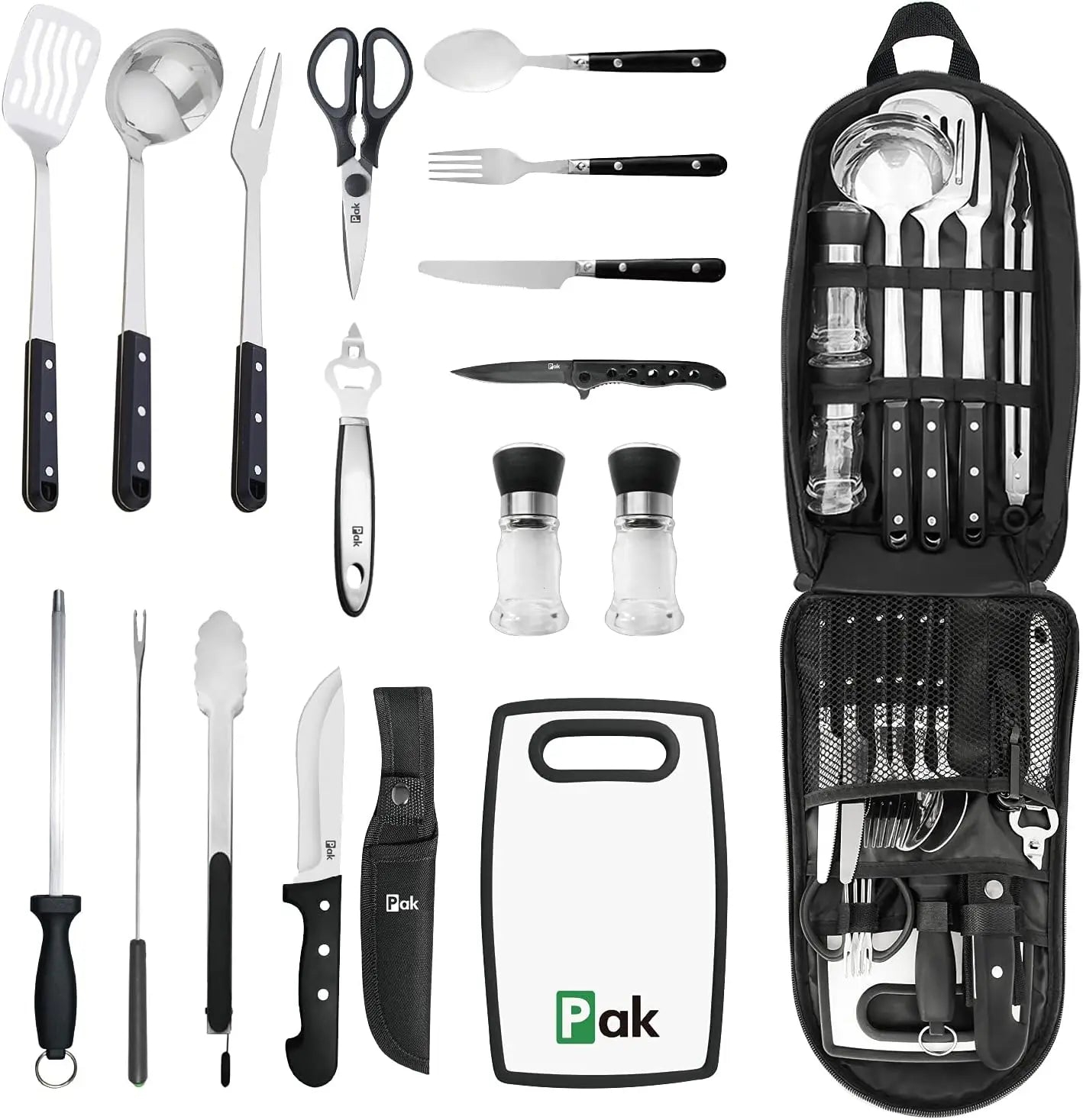 24-Piece Camping Cookware Set, Stainless Steel Kitchen Utensils for Outdoor Cooking, Portable Travel Kit with Cutting Board