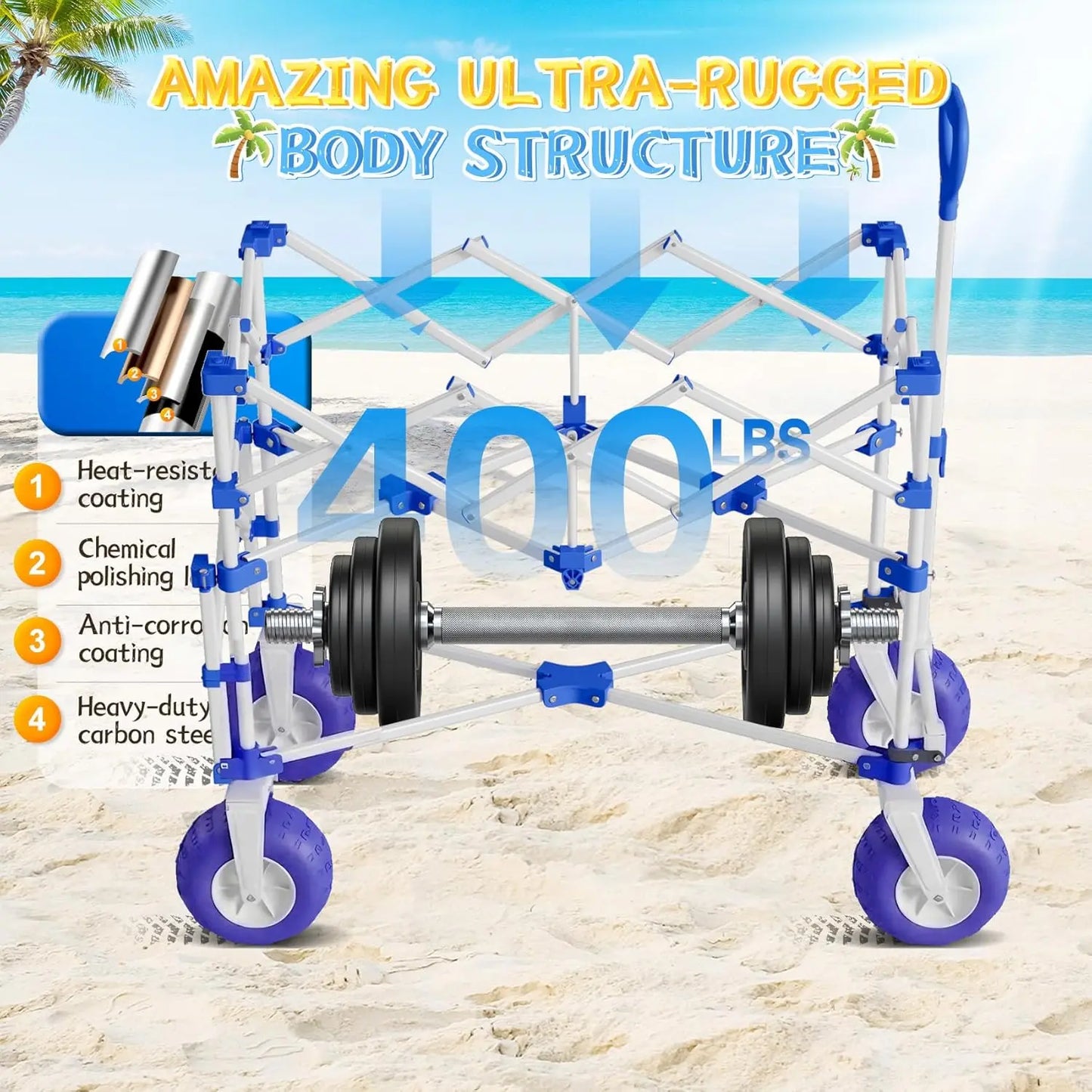 400LBS Heavy Duty Beach Wagon with 9" All-Terrain Inflatable Wheels, Foldable Utility Cart for Sand, Camping, Grocery - Blue