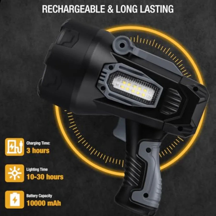 Rechargeable Spotlight 2000000 Lumens Super Bright Spot Light LED Handheld Spotlights Flashlight with 3 Color Lenses and Foldab