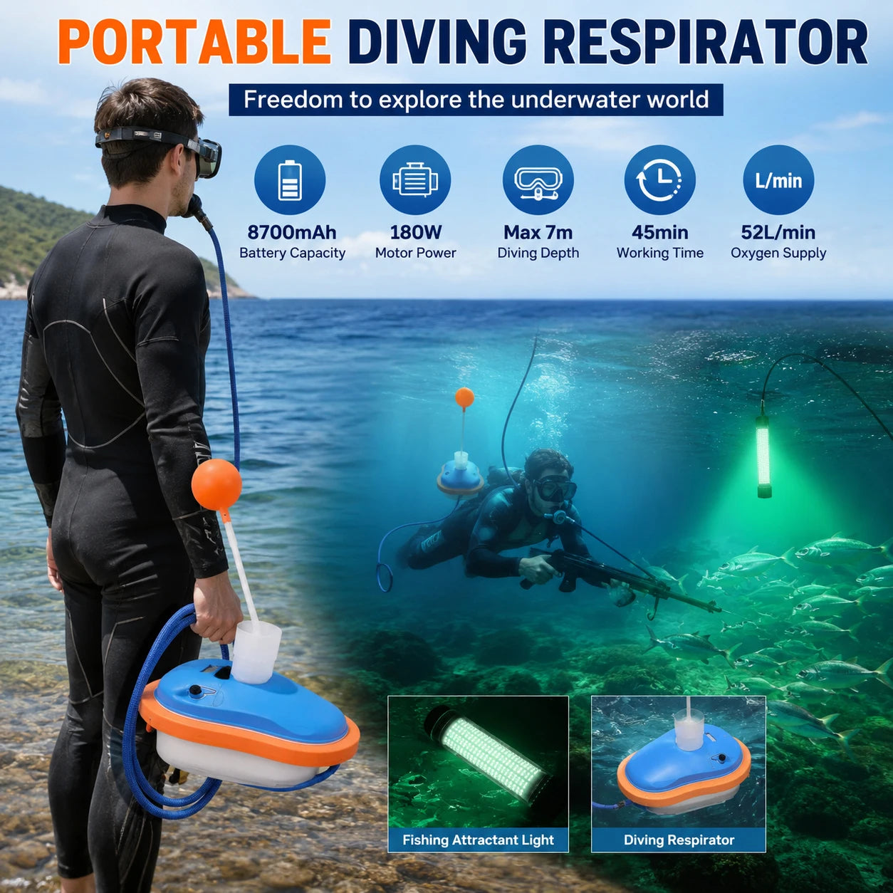 LieYu Waterproof Rechargeable Snorkeling Equipment Portable Tankless Scuba Diving Ventilator Underwater 45min Working 7m Depth Tankless Underwater Breathing System