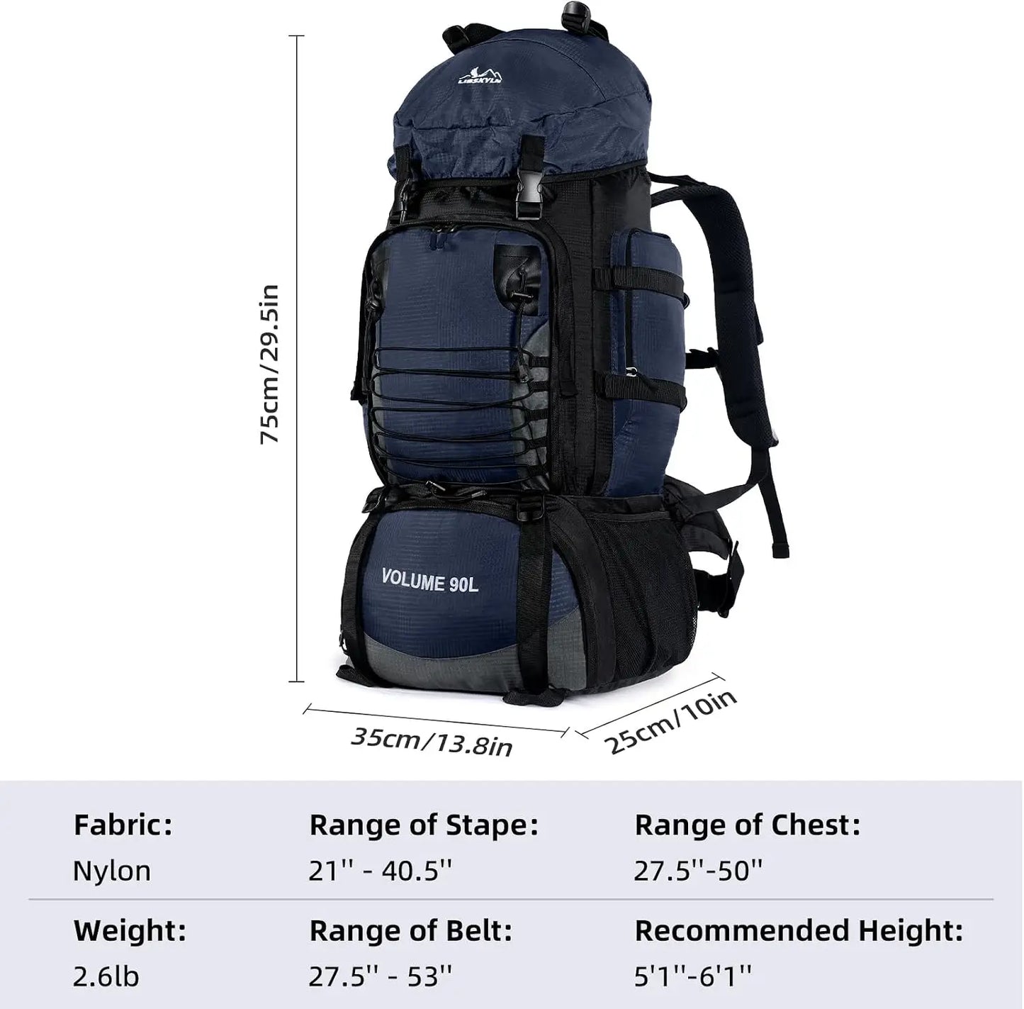 90L Hiking Backpack with Rain Cover, Waterproof Camping Backpack for Men Women, Blue