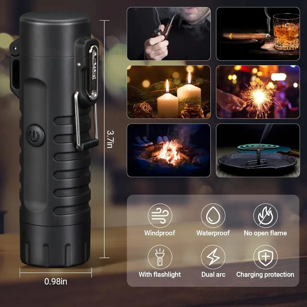 2-in-1 Plasma Lighter & LED Flashlight with 5-in-1 Fire Starter for Camping, Hiking, Survival