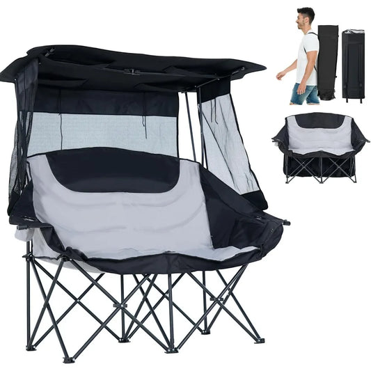 Double Beach Chair with Canopy Shade, Oversized Folding Loveseat with Cup Holder & Side Pocket for Camping, Beach, Lawn, Fishin