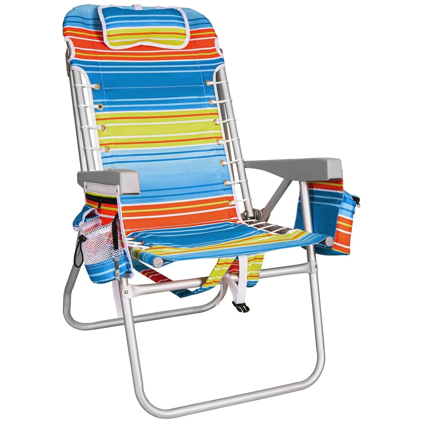 Extra Wide Tall Beach Chair 17" Seat Backpack Cooler Cup Holder 5-Position Recline Towel Bar Pocket Striped, Custom