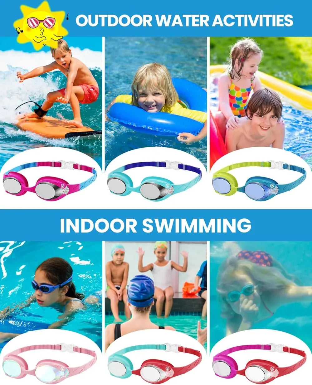 Kids Swim Goggles 2 Pack - Quick Adjustable Strap, Clear & Tinted Lenses for Indoor/Outdoor Use
