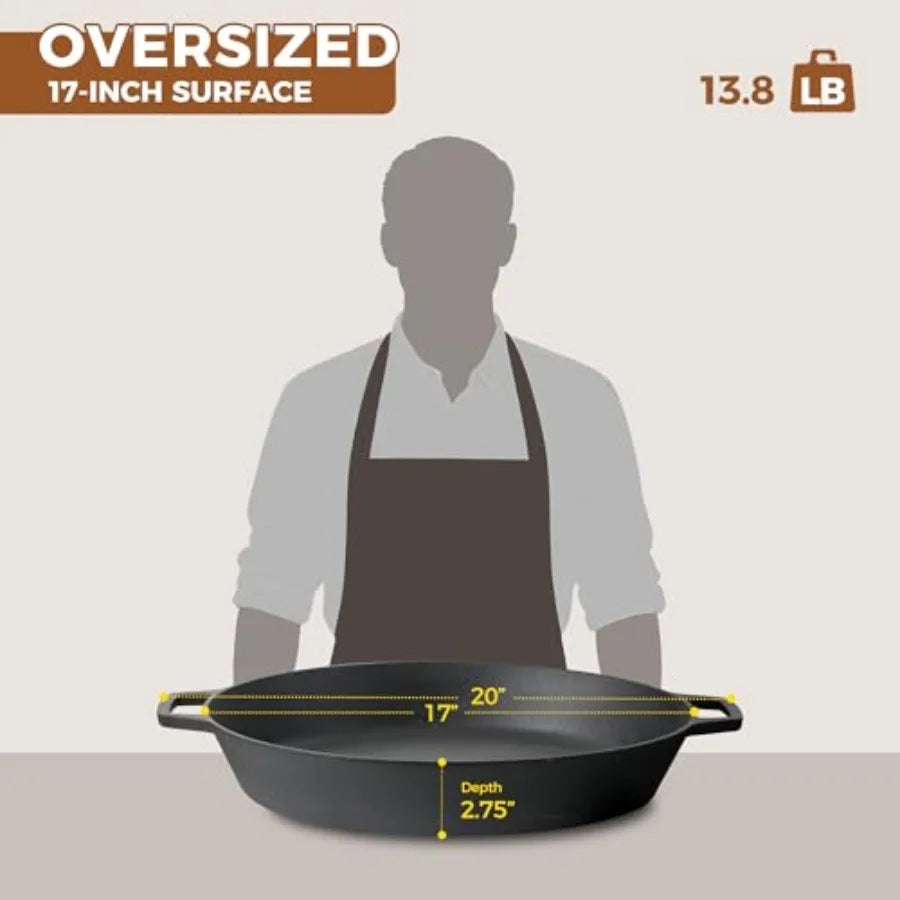 Pre-Seasoned Large Cast Iron Skillet 17 Inch Dual Handle Outdoor Camping Frying Pan Pizza Pan Use for Grill Stovetop Induction