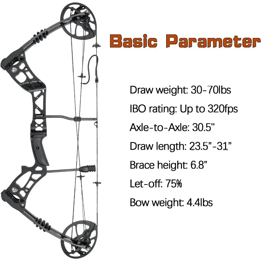 Compound Bow and Arrow Set 3070 Lbs Draw Weight 23.531 Draw Length Right Handed Bow for Adult 320 Fps Hunting Target Bow with A