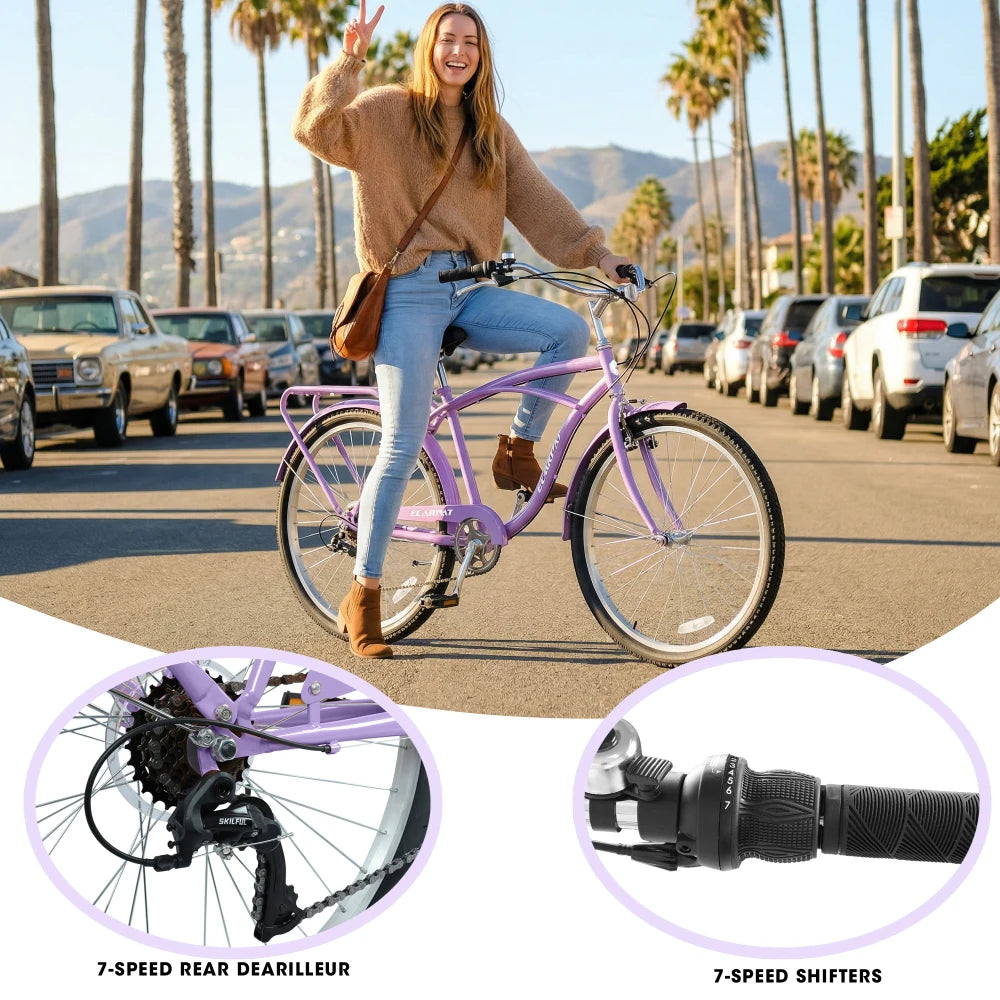 26 Inch 7-Speed Beach Cruiser Bike for Men & Women, High-Tensile Steel Frame, Lightweight Alloy Wheels, Front & Rear V-Brakes, Multiple Colors, Leisure & City Commuting Bicycle