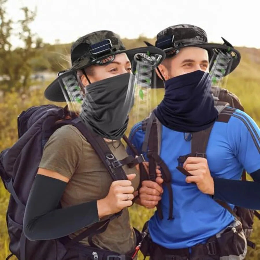 Outdoor fishing hat with wide brim, polyester fabric, black color, solar-powered USB fans and included arm sleeves neck gaiter