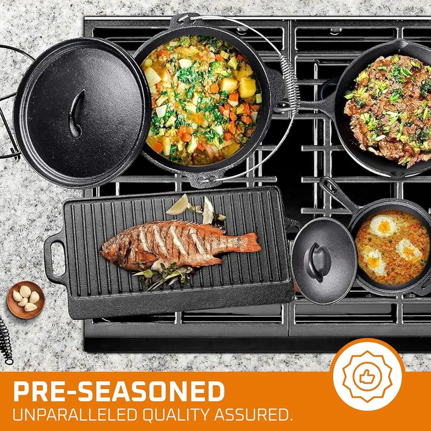 Camping Cookware Set of 7 Pre-Seasoned Cast Iron Pots and Pans Dutch Oven with Lids for Outdoor Campfire Grill Skillet Set with