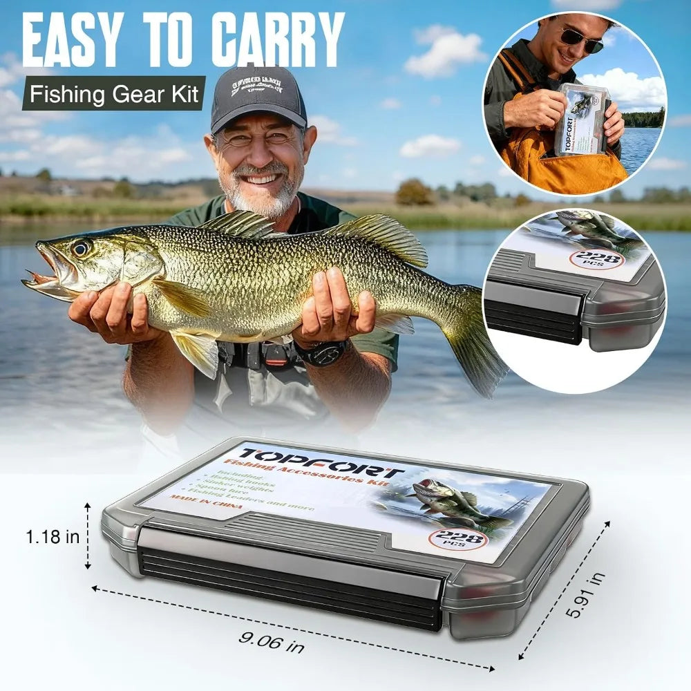228-Piece Fishing Tackle Kit with Organized Box, Hooks, Weights, and Gear for Men