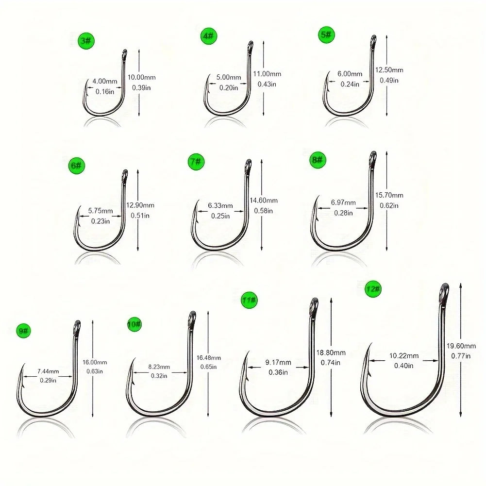 500Pcs Pack of Fishing Hooks with Barbs – Size 3-12# Black Stainless Steel Hooks for All Your Angling Needs