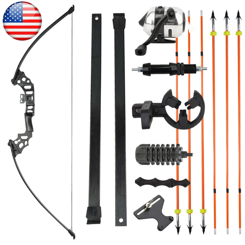 Bowfishing Recurve Bow Kit 40lbs Complete Fishing Archery Set with Solid Fiberglass Fishing Arrows & Fishing Reel Lightweight Straight Bow for Outdoor Water Fishing Hunting Target Shooting Sports