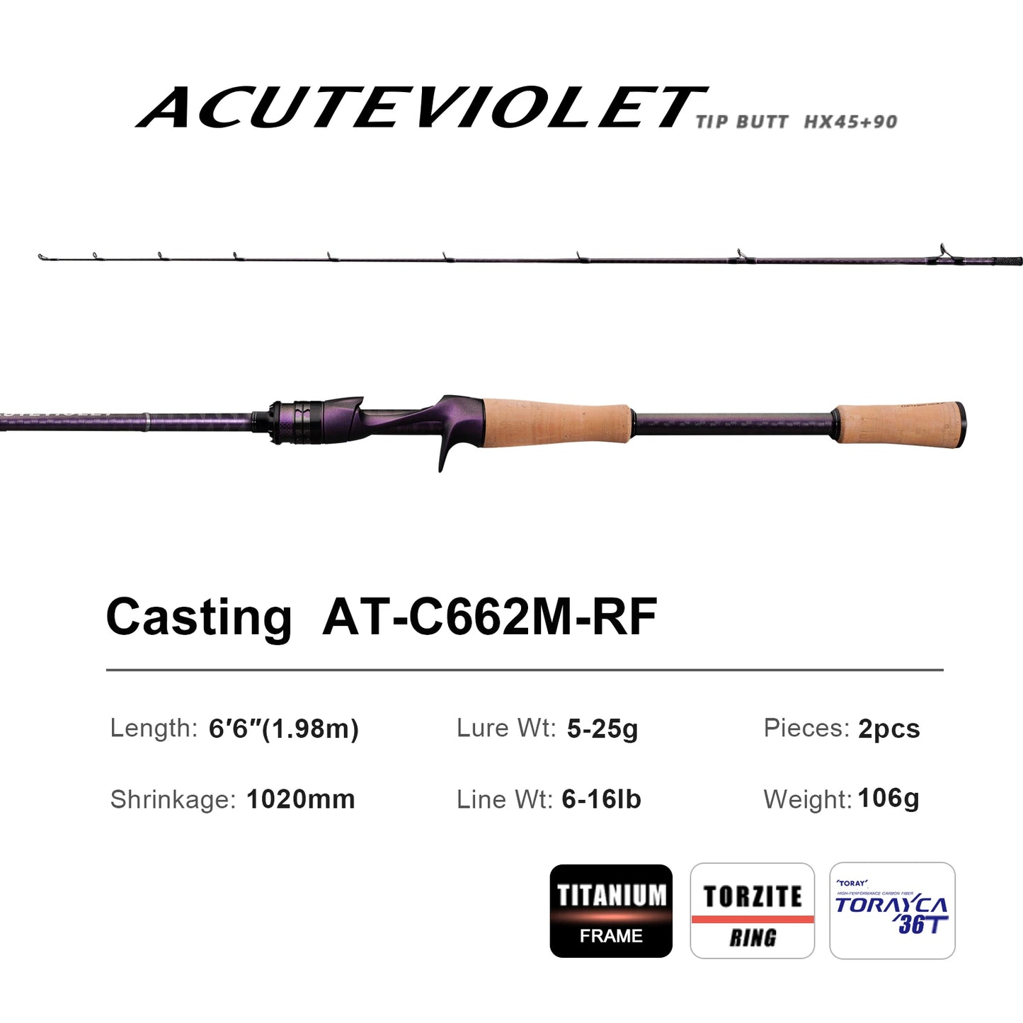 PURELURE ACUTEVIOLET Bass Fishing Rod Spinning Baitcasting Rod  36T Carbon Fiber Jerkbait Rod 2 Piece Regular Fast Action Titanium Frame Guide with Torzite Ring Carbon Reel Seat