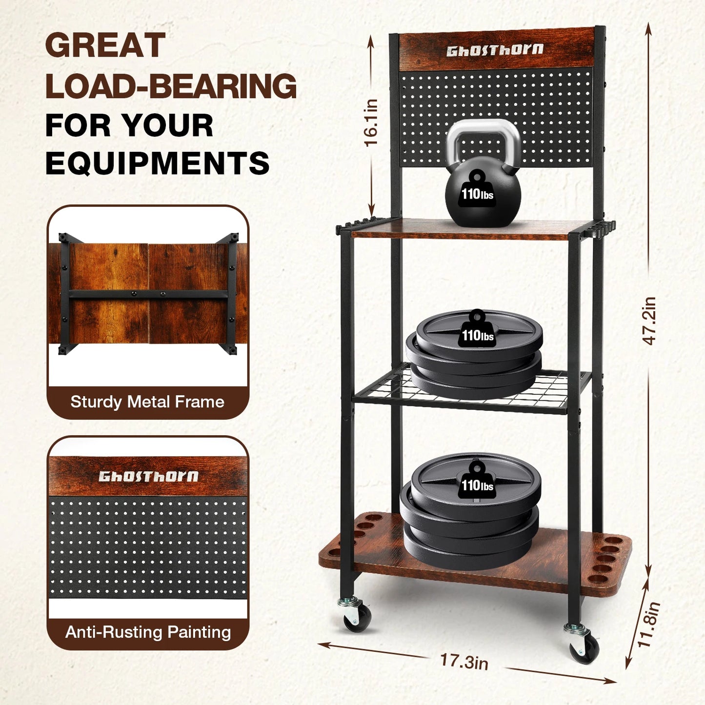 Backplate Iron-Wood Fishing Rod Rack, Multi - Layer Storage, Rolling Cart, Ideal for Fishing Gear Organization