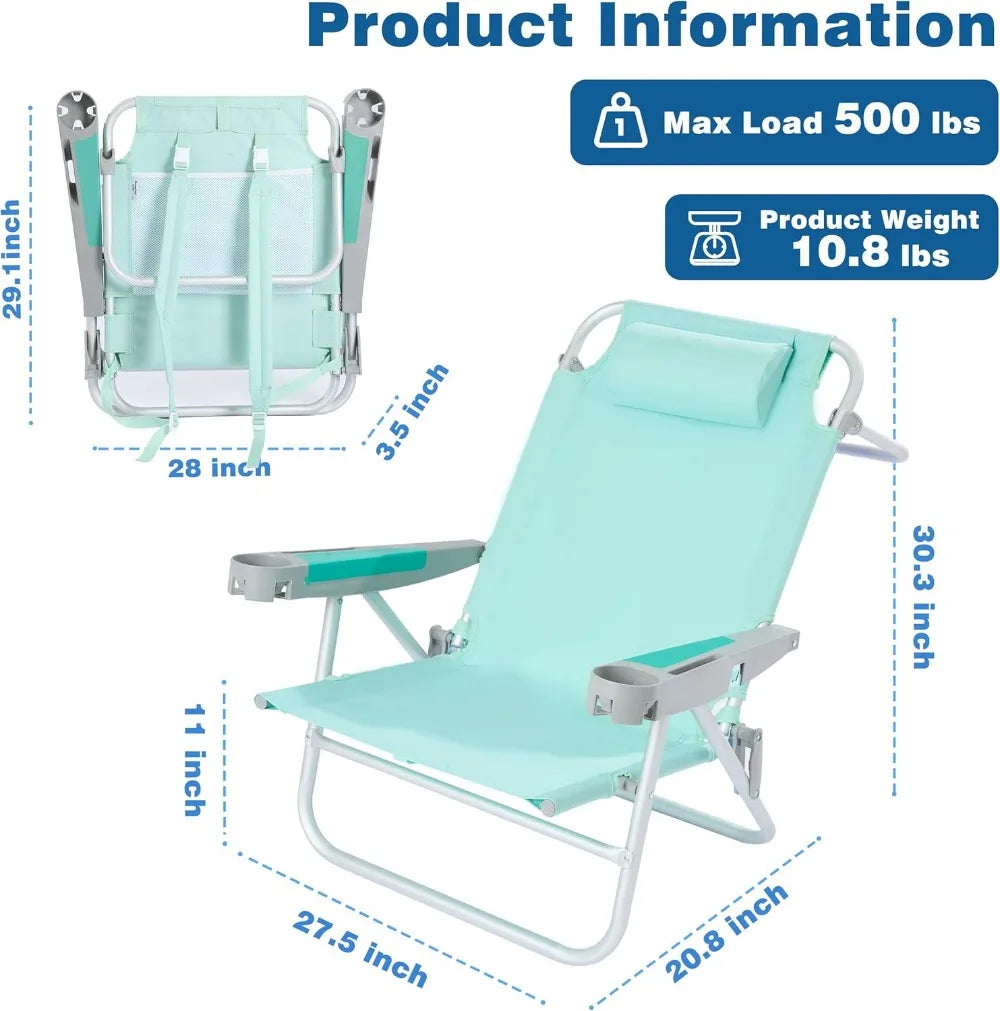 Extra Wide Low Beach Chair 5 Position Lay Flat 500 LBS Heavy Duty XL Portable Folding Camping Chair with Cup Holder for Outdoor