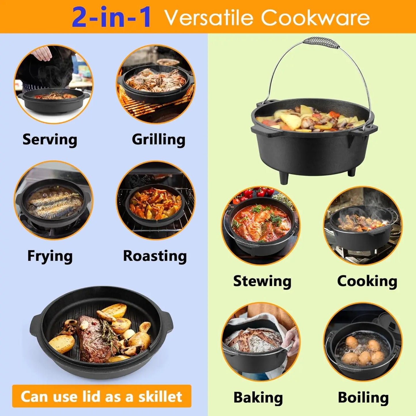 Cast Iron Dutch Oven 7 QT, Pre-Seasoned 2-in-1 Deep Pot & Lid Skillet Pan for Camping Baking, Heavy Duty with Bracket and Lid
