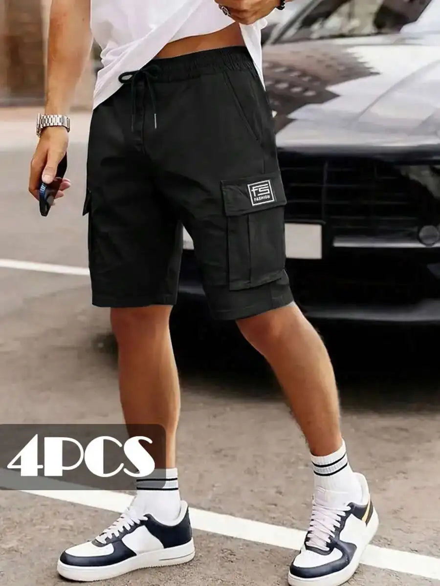 4pcs Mens Lightweight Cargo Shorts, Elastic Waist With Drawstring, Multiple Pockets, Loose Fit For Summer Outdoor Activities