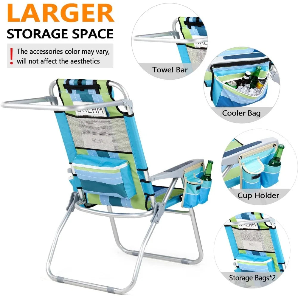 Tall Beach Chair 2 Pack, with 5-Position, Cooler Bag, Cup Holders,Towel Bar, Lightweight Folding Beach Camping Chairs for Adults