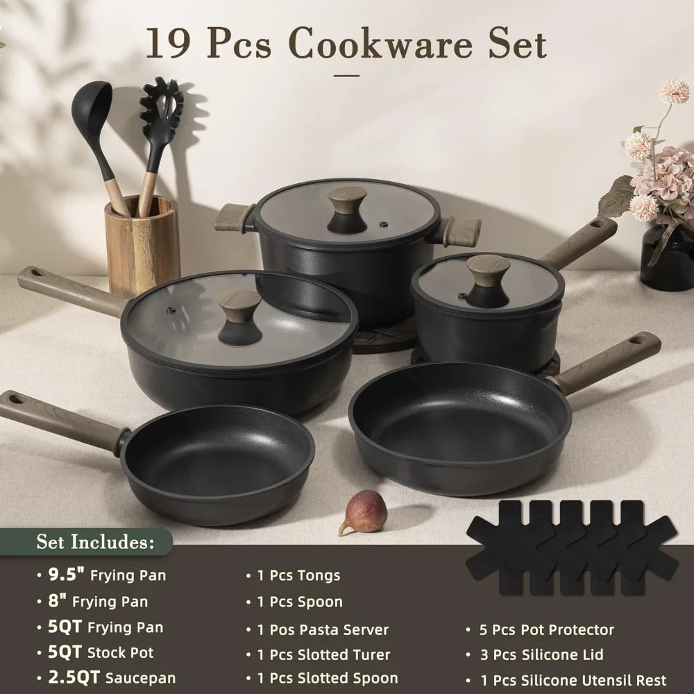 19 Pcs Pots and Pans Set Non Stick, Black Titanium Induction Cookware, PTFE PFOA PFOS Free