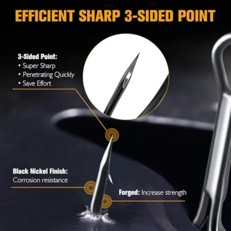 Fishing Treble Hooks, 3X Strong Forged Replacement Hooks for Lures Professional V, 3-Sided Points, High-Carbon Steel, Black Nic