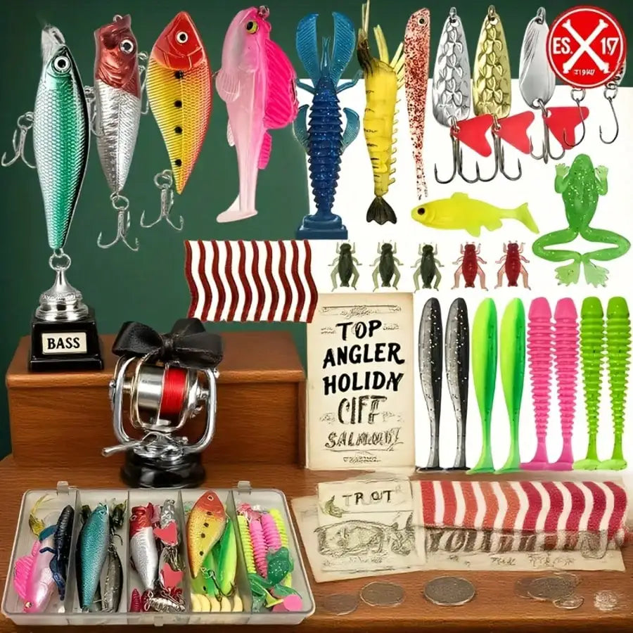 This 107-Piece Lure Set Is A Freshwater Lure And Tackle Kit Suitable For Fishing Bass, Trout, Salmon, And Other Freshwater Fish. It Includes Spinners, Soft Plastic Worms, And More, Making It A Practical Gift For Men.