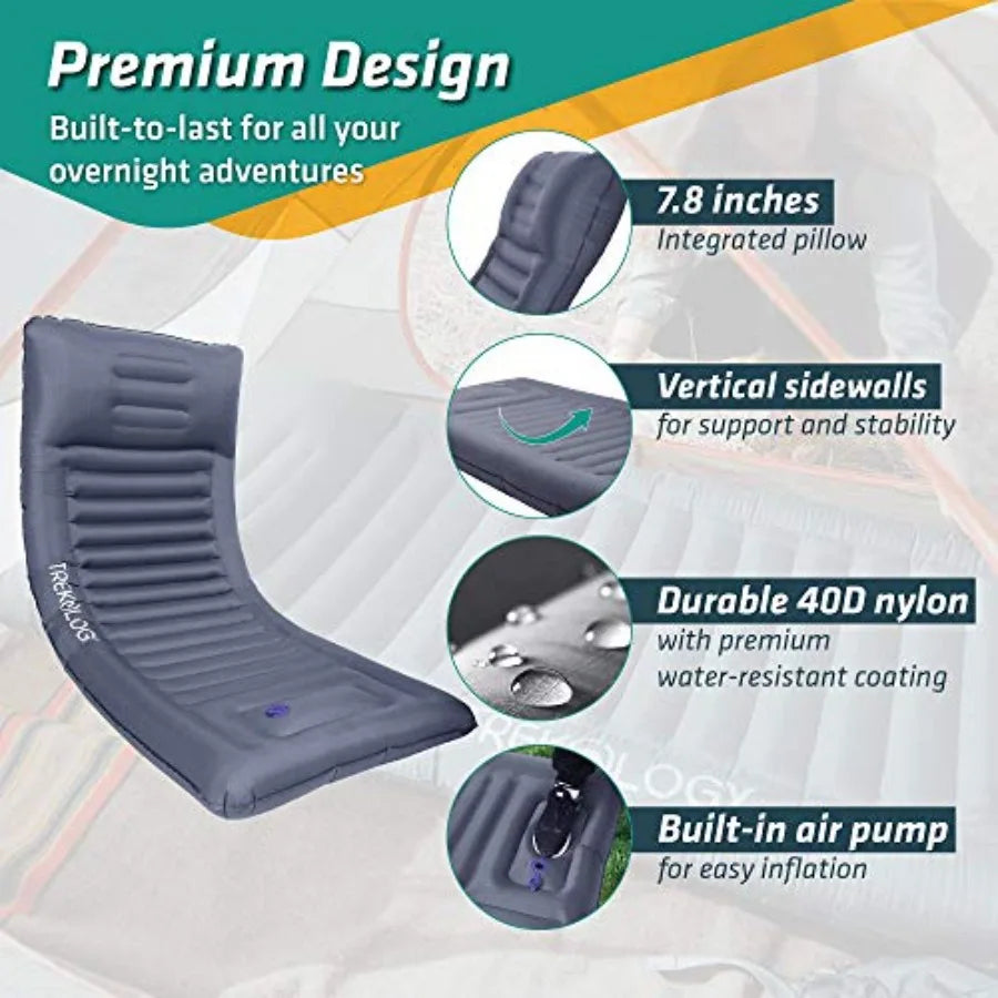 Camping sleeping pad inflatable mat with built-in pump, neck-support pillow, 4.9 thickness, ultralight, 73.2x29.9, premium nylo