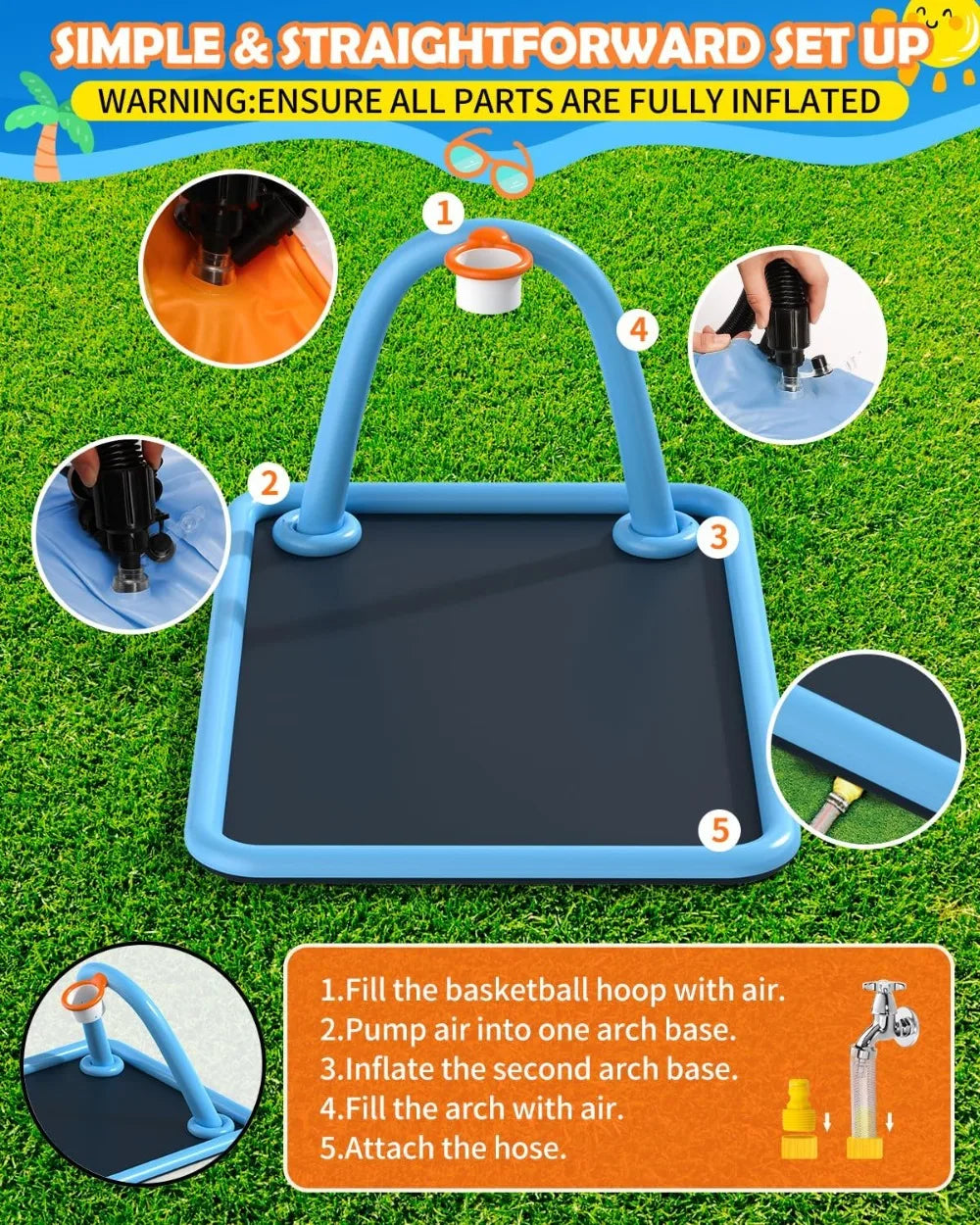 110'' Large Splash Pad with Basketball Hoop, Non-Slip Sprinkler Mat, Foldable Outdoor Summer Water Toys