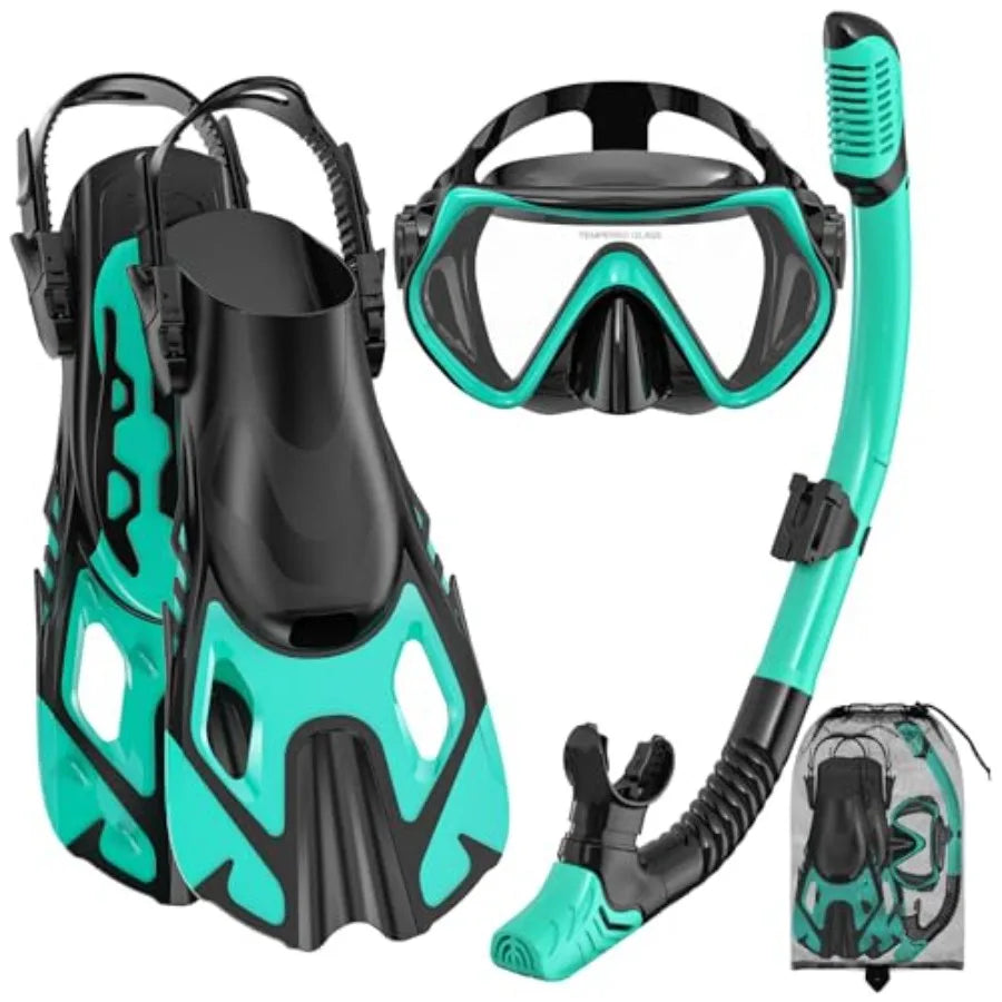 Snorkeling Gear for Adults, Mask Fin Snorkel Set, Dry Top Snorkel, Snorkeling Kit Travel Diving Package, Panoramic View Anti-Fo