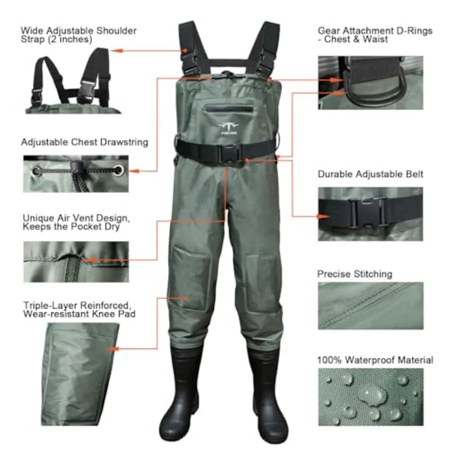 Chest Waders, 2-Ply Nylon/PVC Waterproof Fishing Hunting Waders, Fishing Waders for Men and Women with Boots