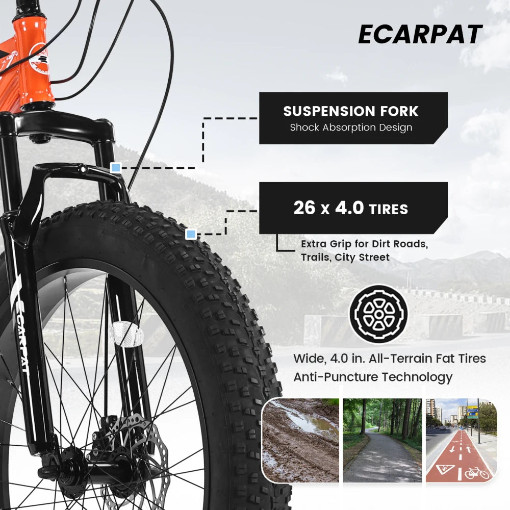 26 Inch Adult Fat Tire Mountain Bike, 21 Speed Gears, High Carbon Steel Frame, Front Suspension, Front Rear Dual Disc Brakes, All Terrain Bicycle for Mountain & City Commute