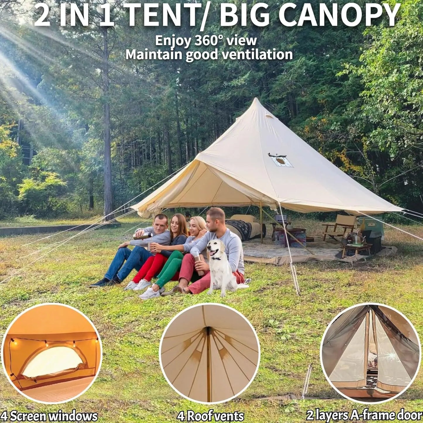 USA Warehouse B5 Cotton Canvas Bell Tent with Stove Jack 4/5/6m Waterproof  Hot Tent Glamping Houses in Winter Large Yurt Tent